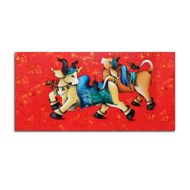 Decorative Sacred Cow Canvas Painting – Modern Indian Art