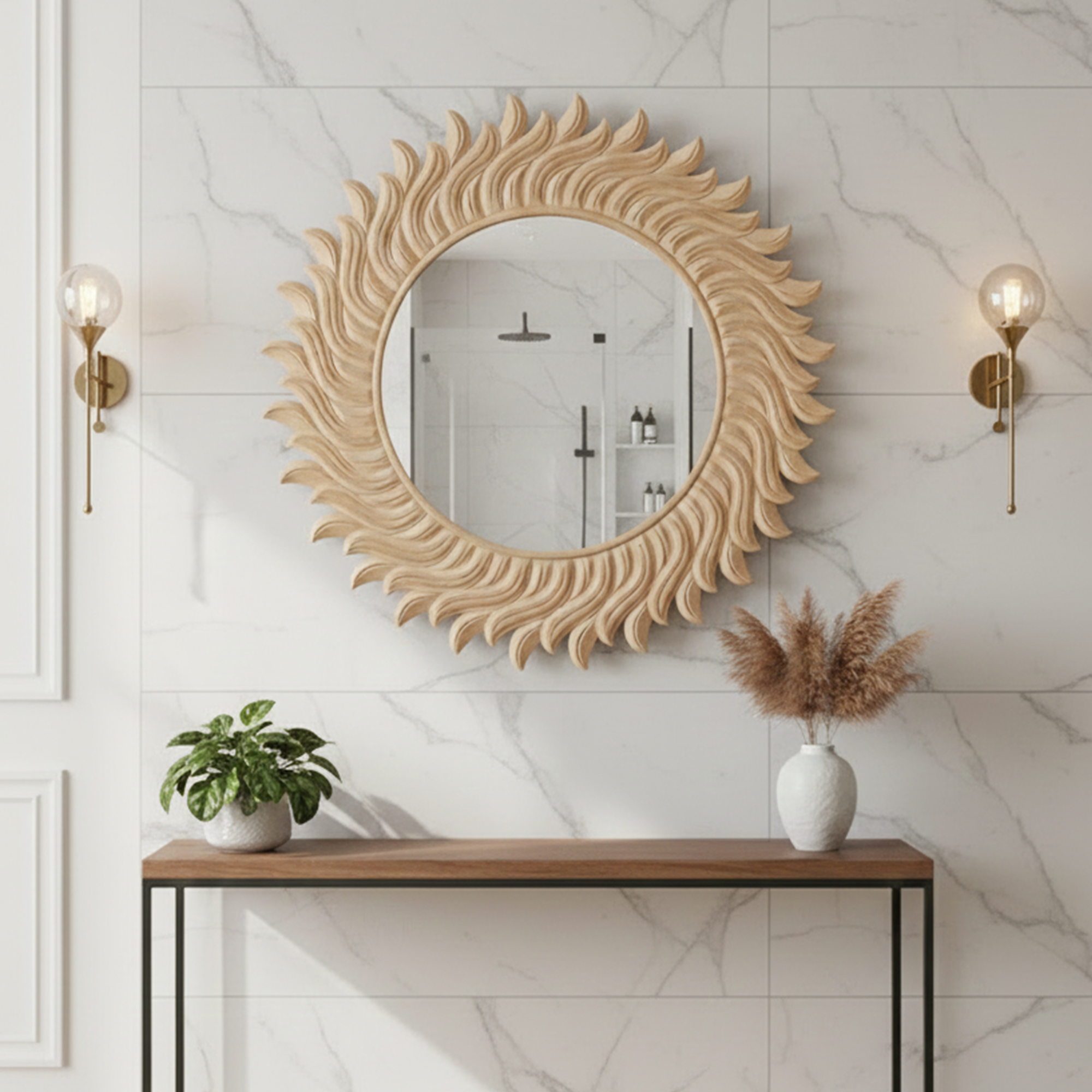 Decorative Sun Shaped Round 3D Wall Mirror for Home & Office – Hand-Carved Sunburst Designer Wall Mirror