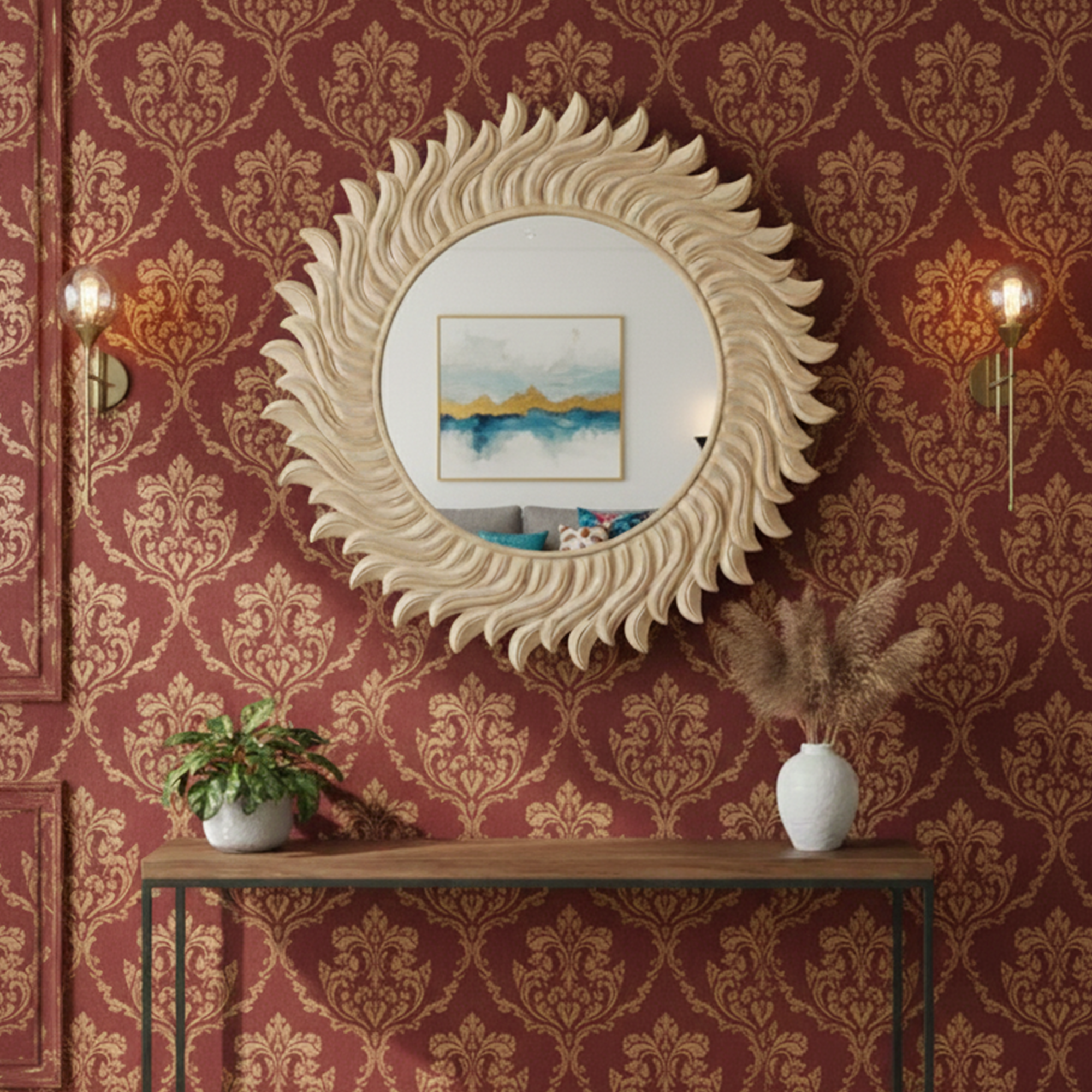 Decorative Sun Shaped Round 3D Wall Mirror for Home & Office – Hand-Carved Sunburst Designer Wall Mirror