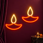 Decorative Twin Diya Neon Wall Lights for Home, Office & Shop Decoration