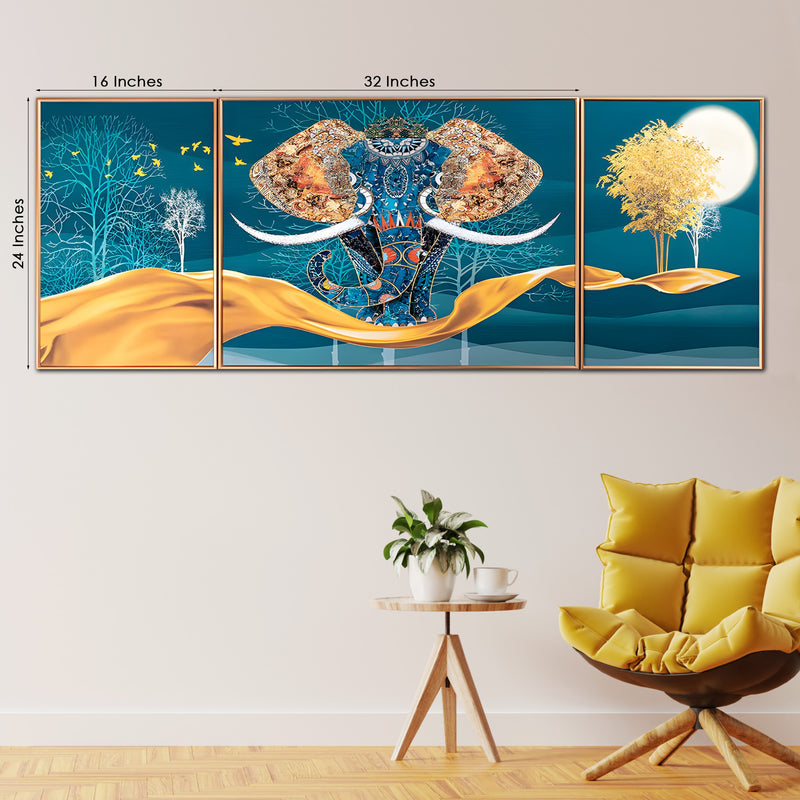 Decorative Udaipur Elephant Crystal Glass Painting Set of 3