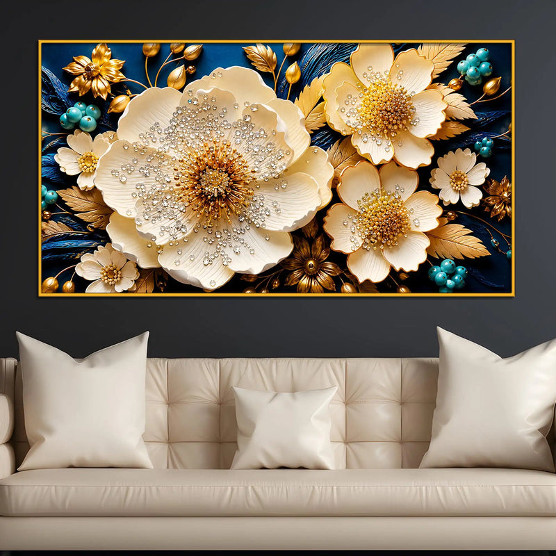Decorative White Floral Floating Frame Crystal Wall Painting
