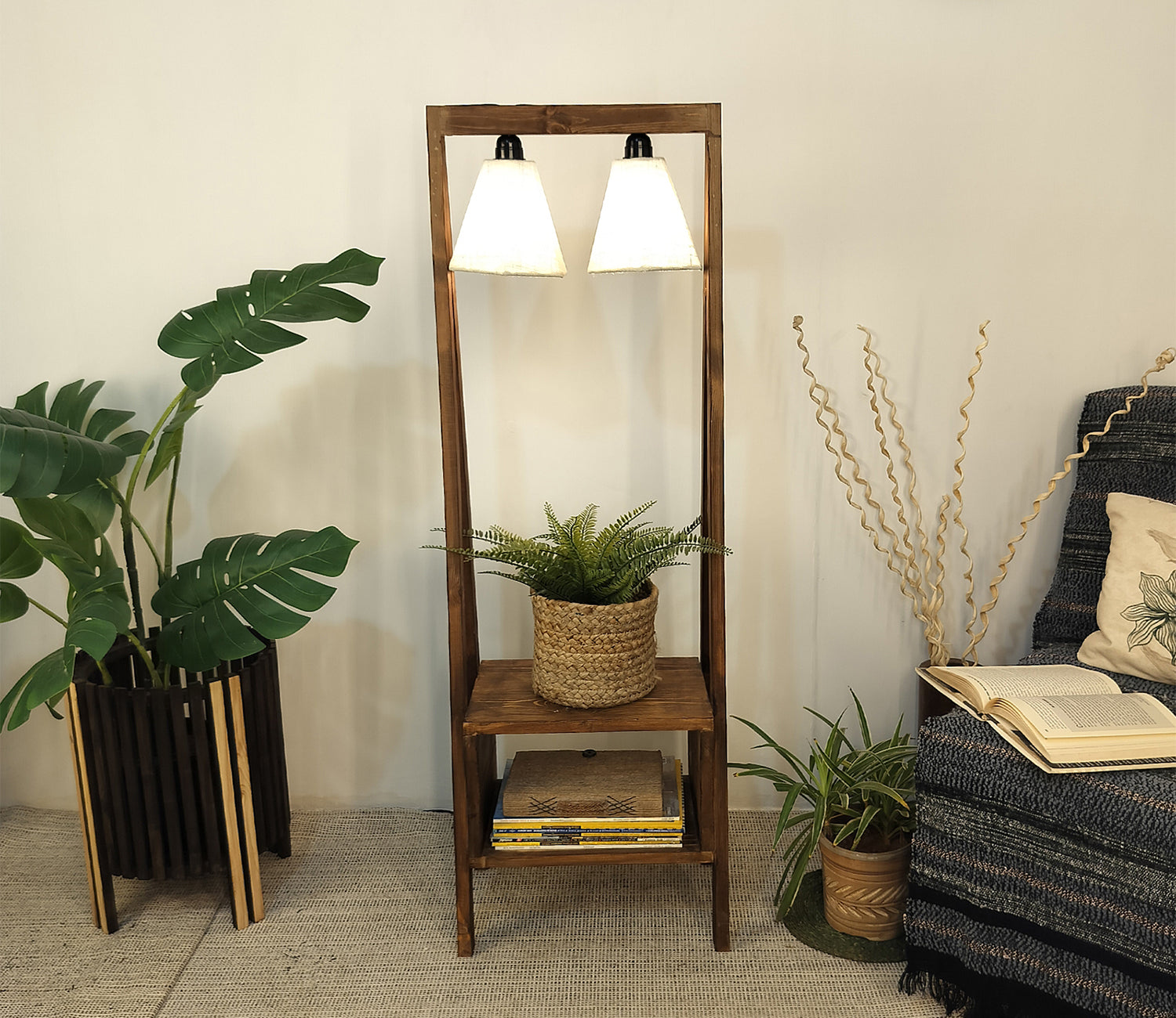 Decorative Wooden Floor Lamp with Brown Base and Jute Fabric Lampshade