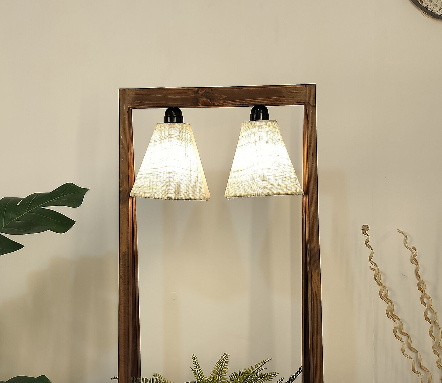 Decorative Wooden Floor Lamp with Brown Base and Jute Fabric Lampshade