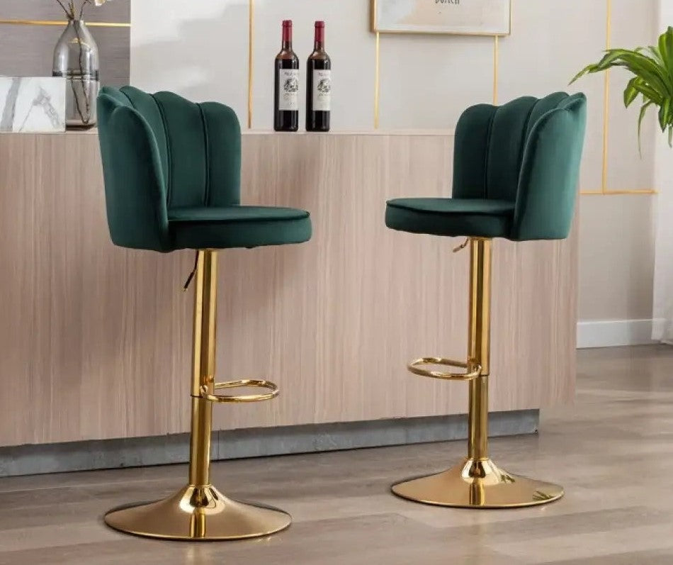 Deep Green Velvet Lounge Bar Stools with Glamorous Golden Frame