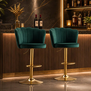 Deep Green Velvet Lounge Bar Stools with Glamorous Golden Frame