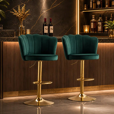 Deep Green Velvet Lounge Bar Stools with Glamorous Golden Frame