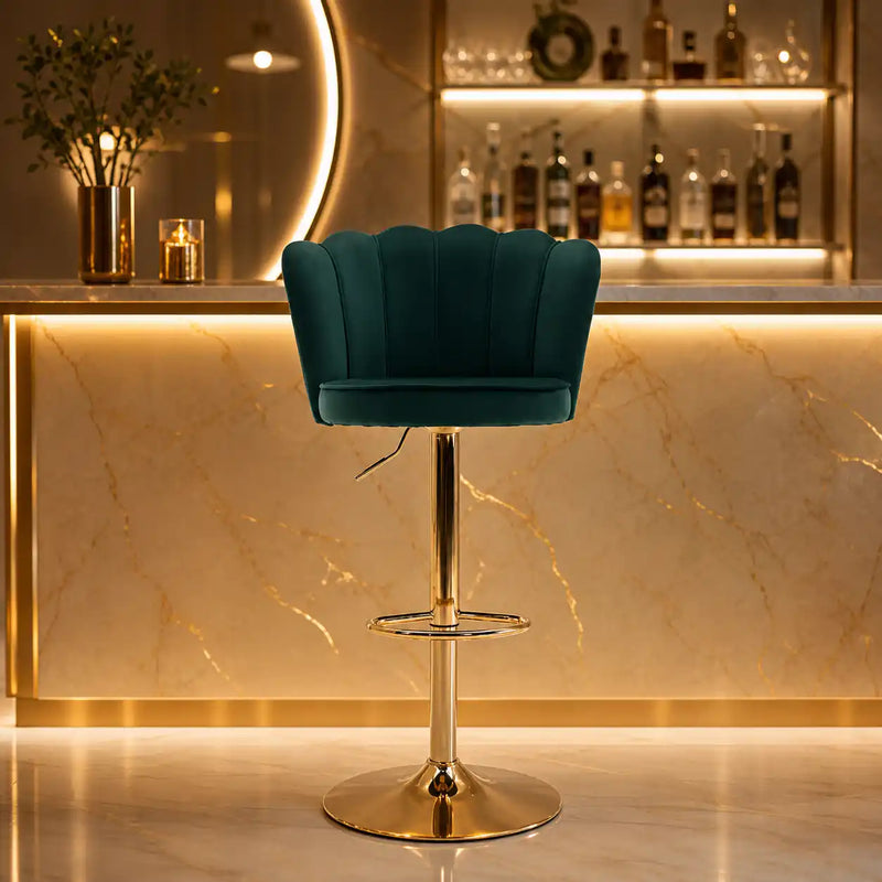 Deep Green Velvet Lounge Bar Stools with Glamorous Golden Frame