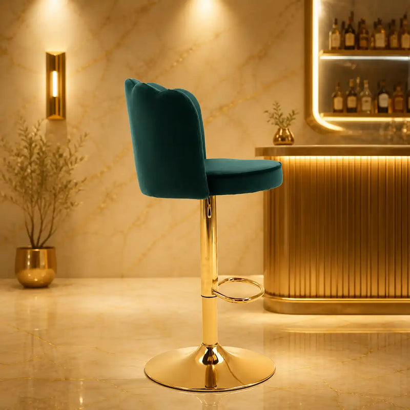 Deep Green Velvet Lounge Bar Stools with Glamorous Golden Frame