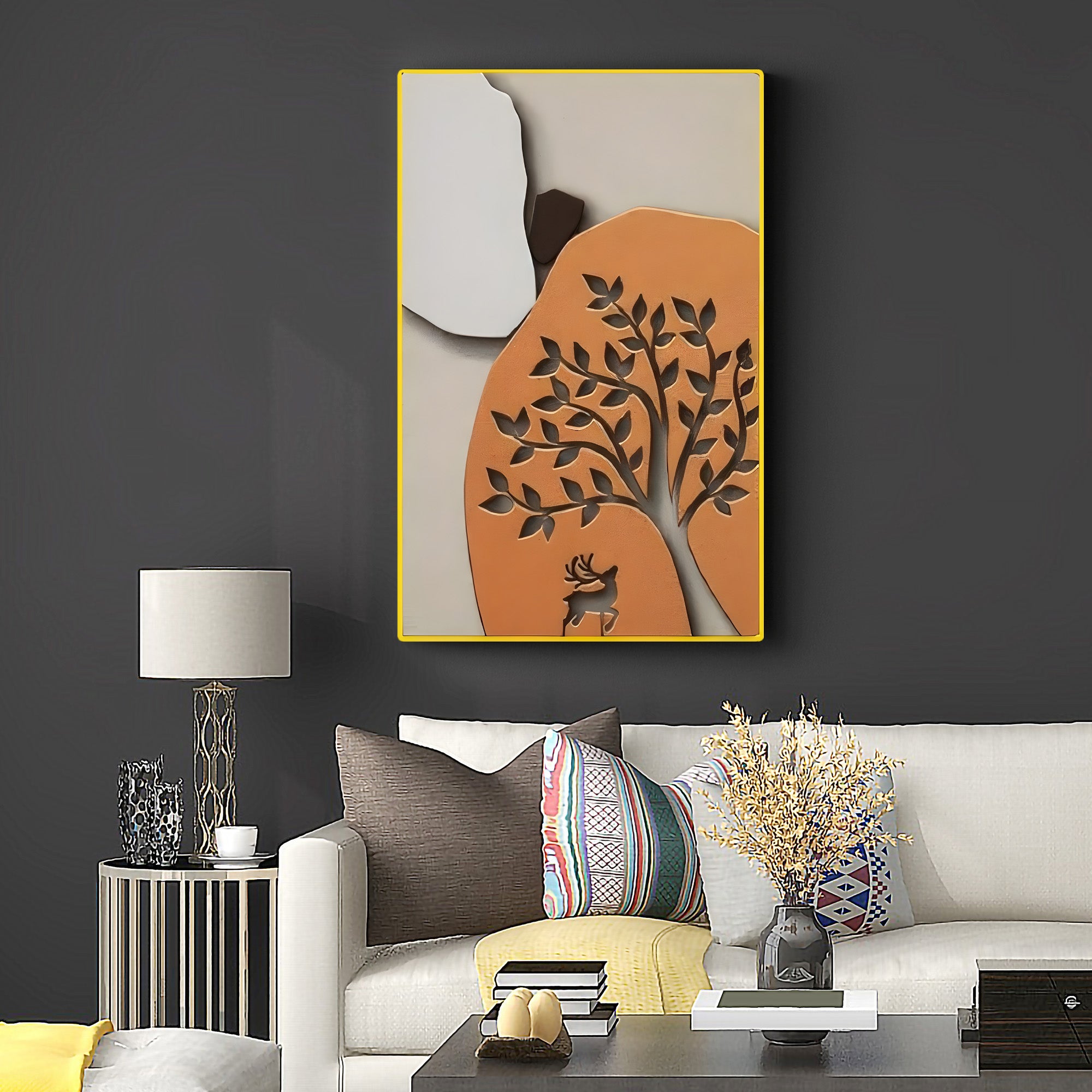 Deer Cutout in Earthy Orange Frame 3D Wall Art Home Decor