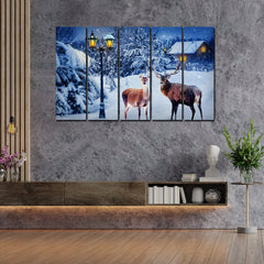 Deer in Snowy Forest Canvas Wall Painting Set of Five