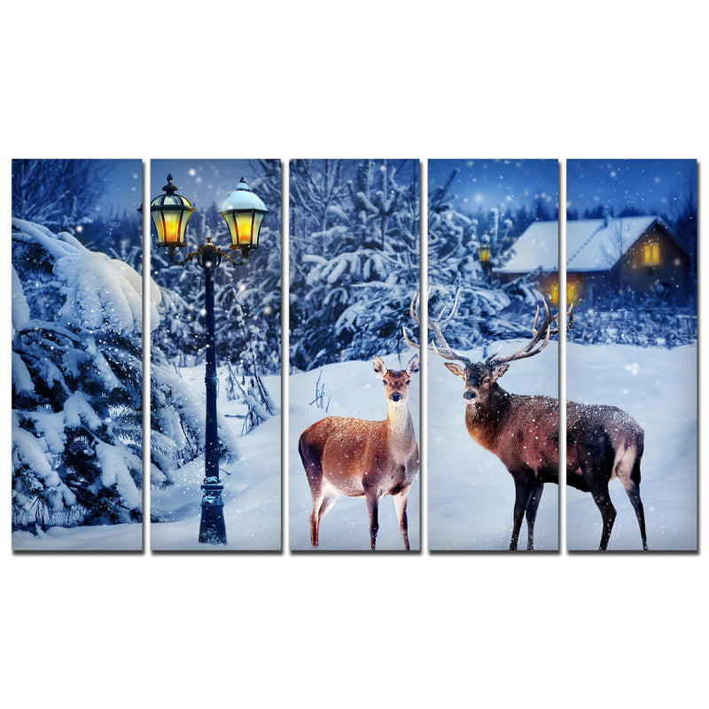 Deer in Snowy Forest Canvas Wall Painting Set of Five