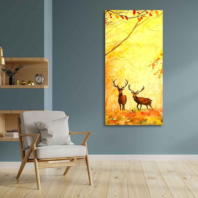 Deer in Autumn Forest Vertical Canvas Wall Painting