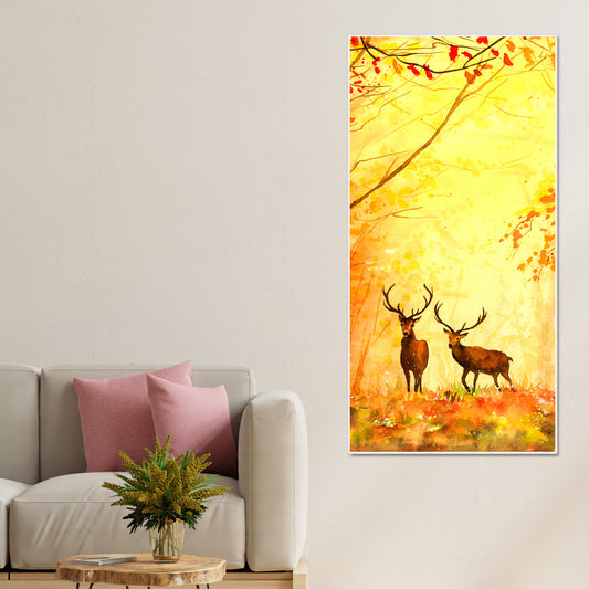 Deer in Autumn Forest Vertical Canvas Wall Painting