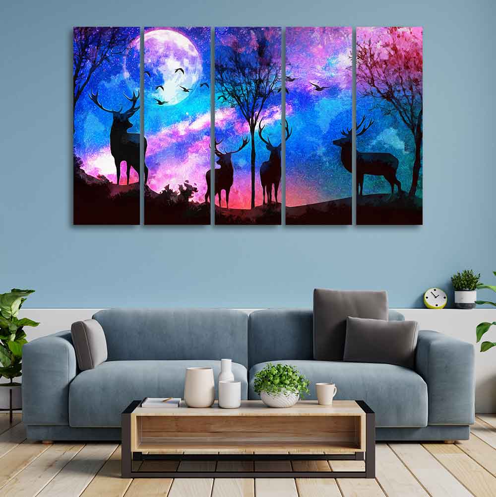 Deer Silhouette Colorful Sky Wall Painting of Five Pieces