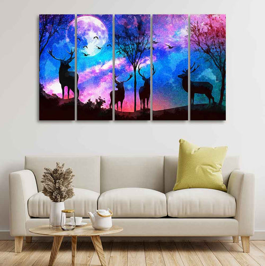 Deer Silhouette Colorful Sky Wall Painting of Five Pieces