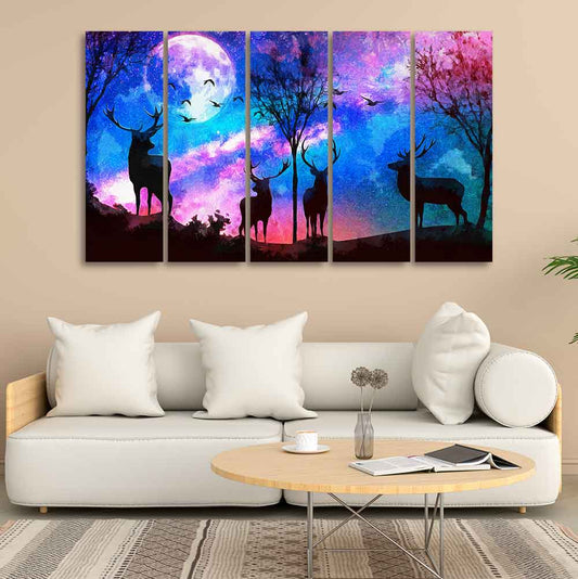 Deer Silhouette Colorful Sky Wall Painting of Five Pieces