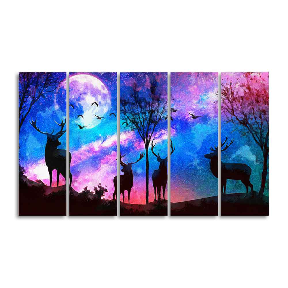 Deer Silhouette Colorful Sky Wall Painting of Five Pieces