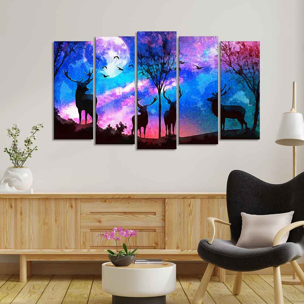 Deer Silhouette Colorful Sky Wall Painting of Five Pieces Set