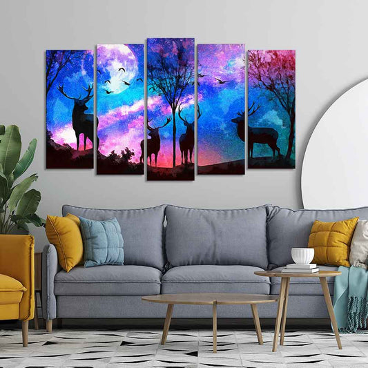 Deer Silhouette Colorful Sky Wall Painting of Five Pieces Set