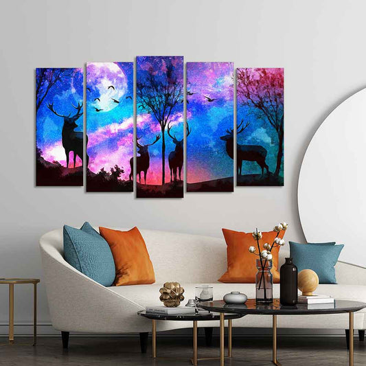 Deer Silhouette Colorful Sky Wall Painting of Five Pieces Set