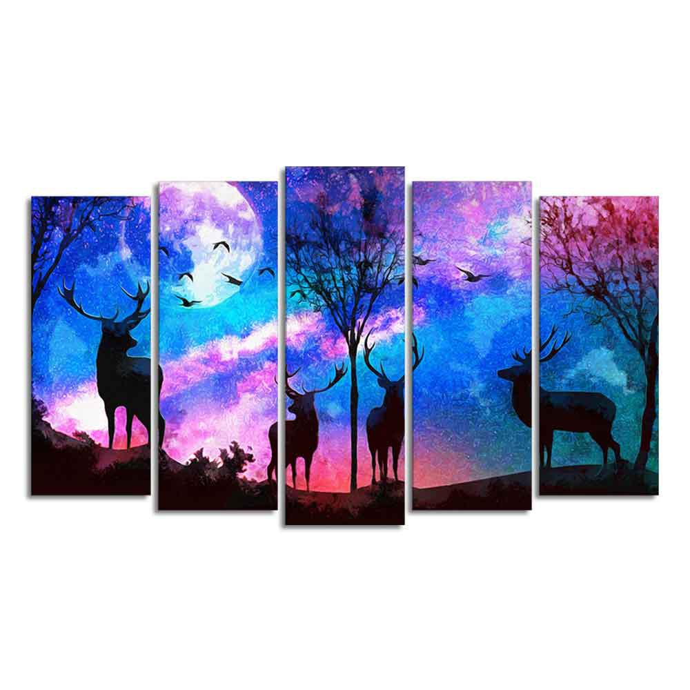 Deer Silhouette Colorful Sky Wall Painting of Five Pieces Set