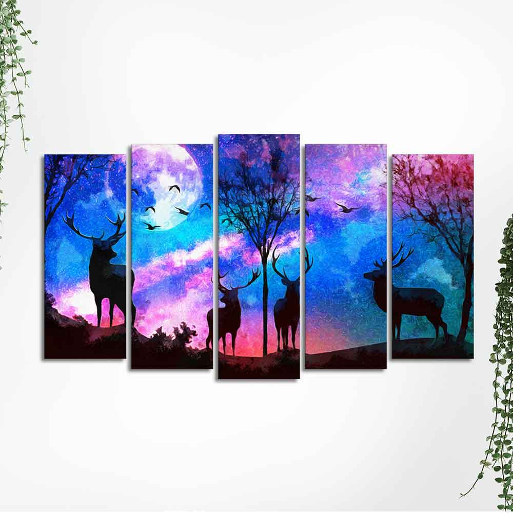 Deer Silhouette Colorful Sky Wall Painting of Five Pieces Set