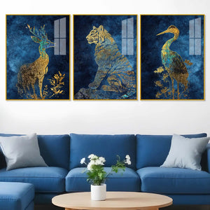 Deer Tiger Crane Gold Wildlife Acrylic Floating Frame Wall Painting Set of 3
