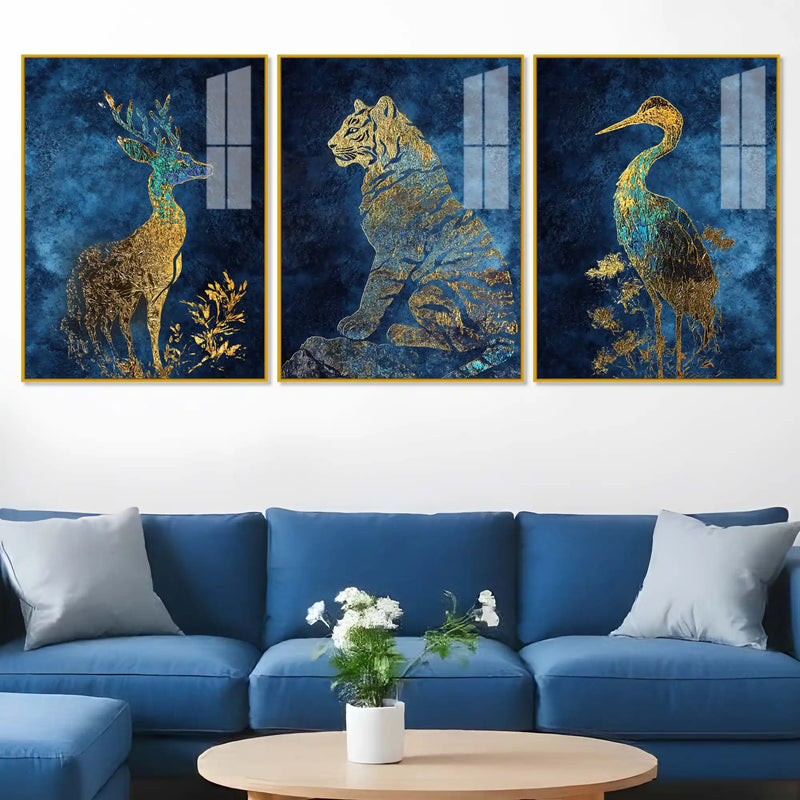 Deer Tiger Crane Gold Wildlife Acrylic Floating Frame Wall Painting Set of 3
