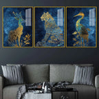 Deer Tiger Crane Gold Wildlife Acrylic Floating Frame Wall Painting Set of 3
