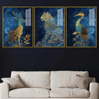 Deer Tiger Crane Gold Wildlife Acrylic Floating Frame Wall Painting Set of 3