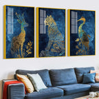 Deer Tiger Crane Gold Wildlife Acrylic Floating Frame Wall Painting Set of 3