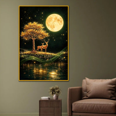 Deer Under Moonlight Floating Frame Crystal Wall Painting