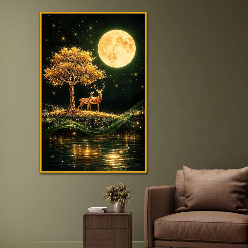 Deer Under Moonlight Floating Frame Crystal Wall Painting