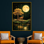 Deer Under Moonlight Floating Frame Crystal Wall Painting