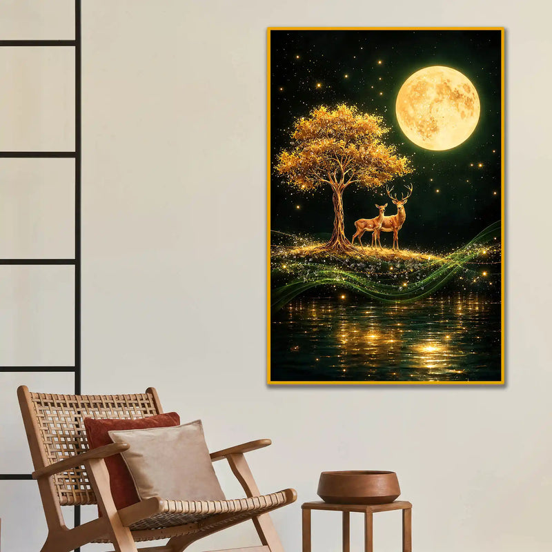 Deer Under Moonlight Floating Frame Crystal Wall Painting