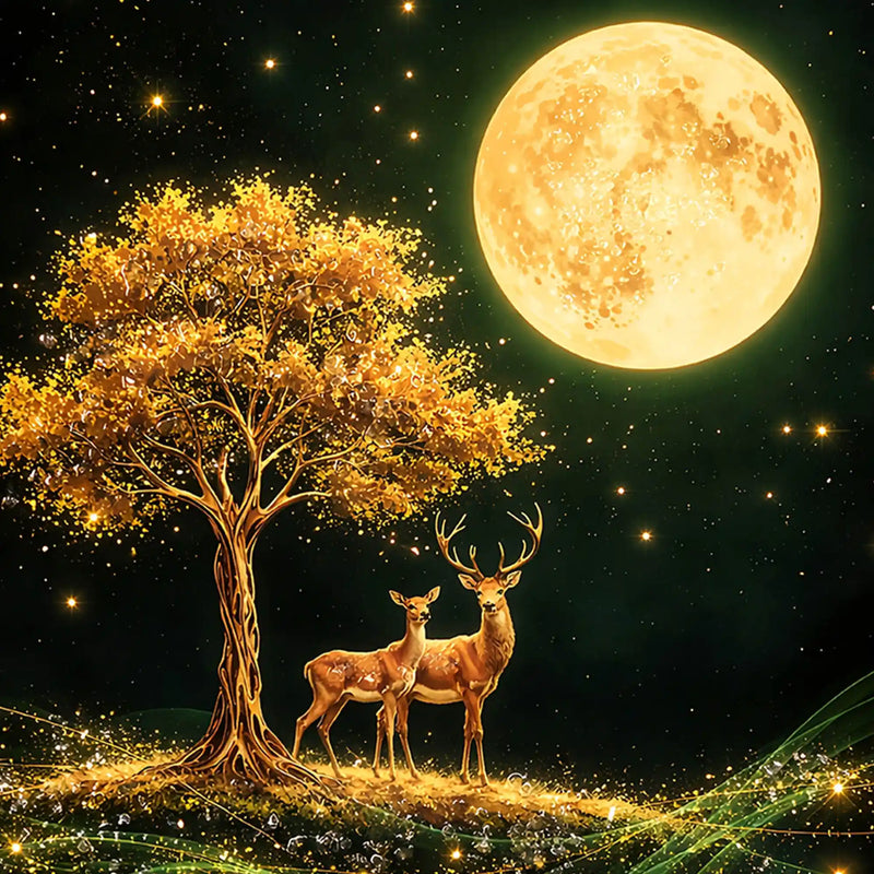 Deer Under Moonlight Floating Frame Crystal Wall Painting