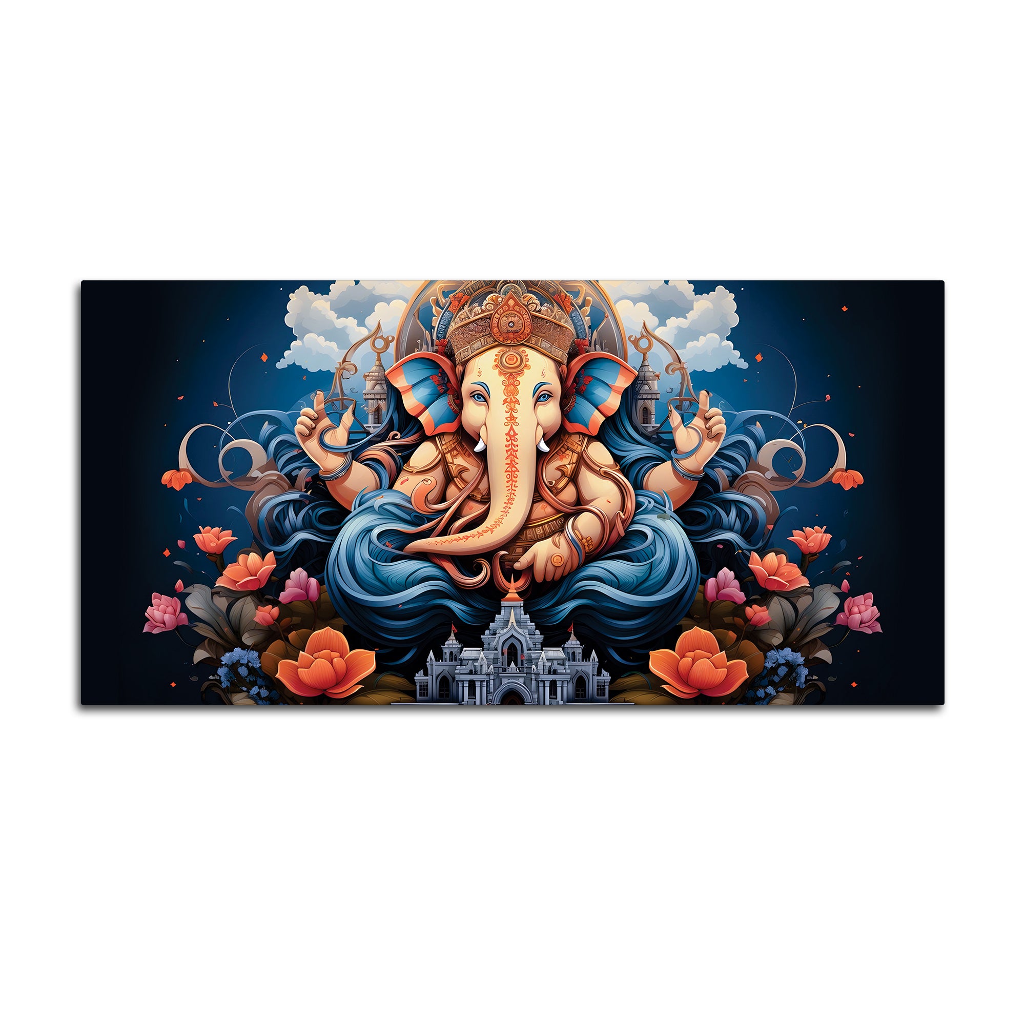 Depicting Huge Lord Shri Ganesha Temple Scene Artistic Canvas Wall Painting for Home & Office – Elegant Spiritual Wall Decor