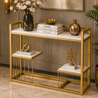 Designer 3-Tier White Faux Marble Golden Console Table