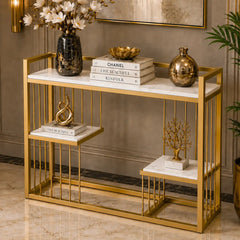 Designer 3-Tier White Faux Marble Golden Console Table