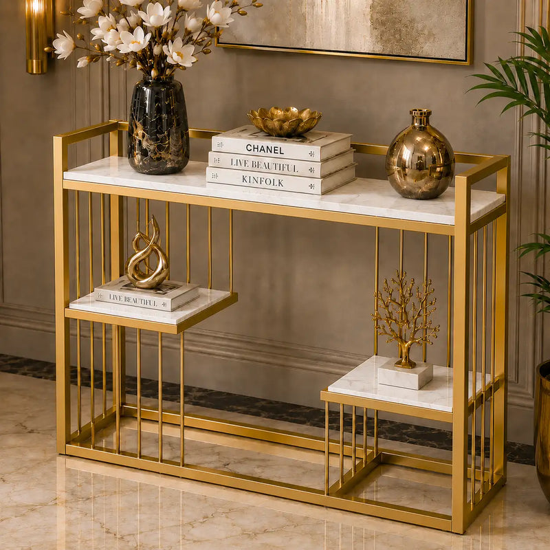 Designer 3-Tier White Faux Marble Golden Console Table
