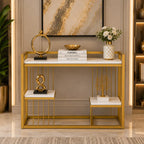 Designer 3-Tier White Faux Marble Golden Console Table
