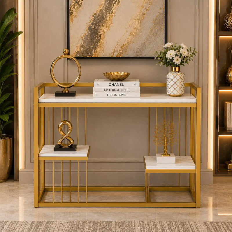 Designer 3-Tier White Faux Marble Golden Console Table