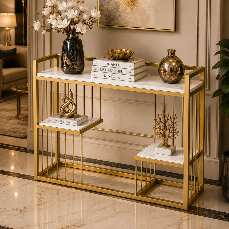 Designer 3-Tier White Faux Marble Golden Console Table