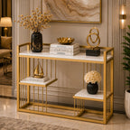 Designer 3-Tier White Faux Marble Golden Console Table