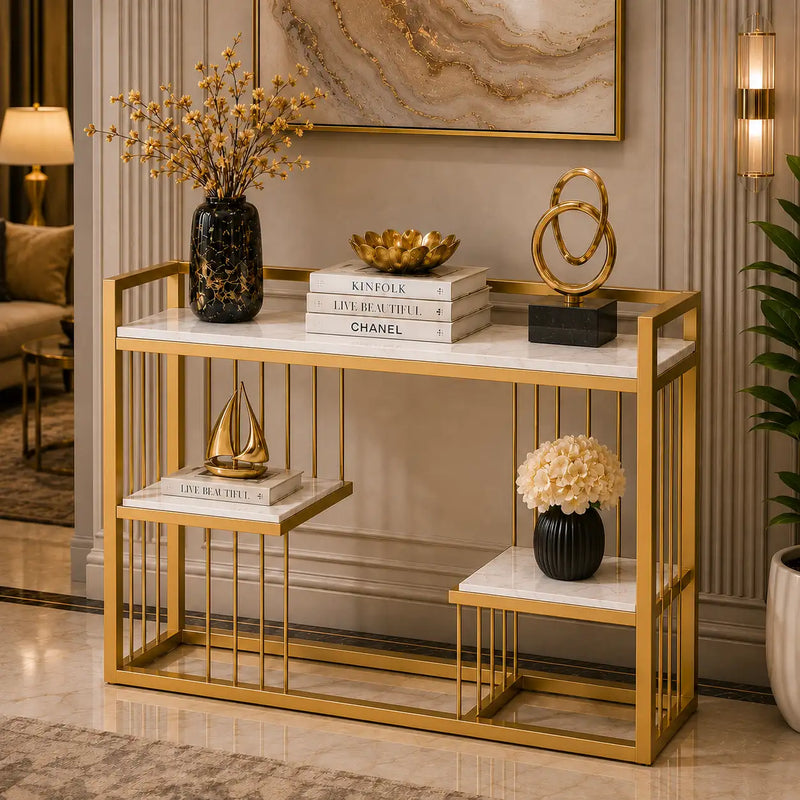 Designer 3-Tier White Faux Marble Golden Console Table