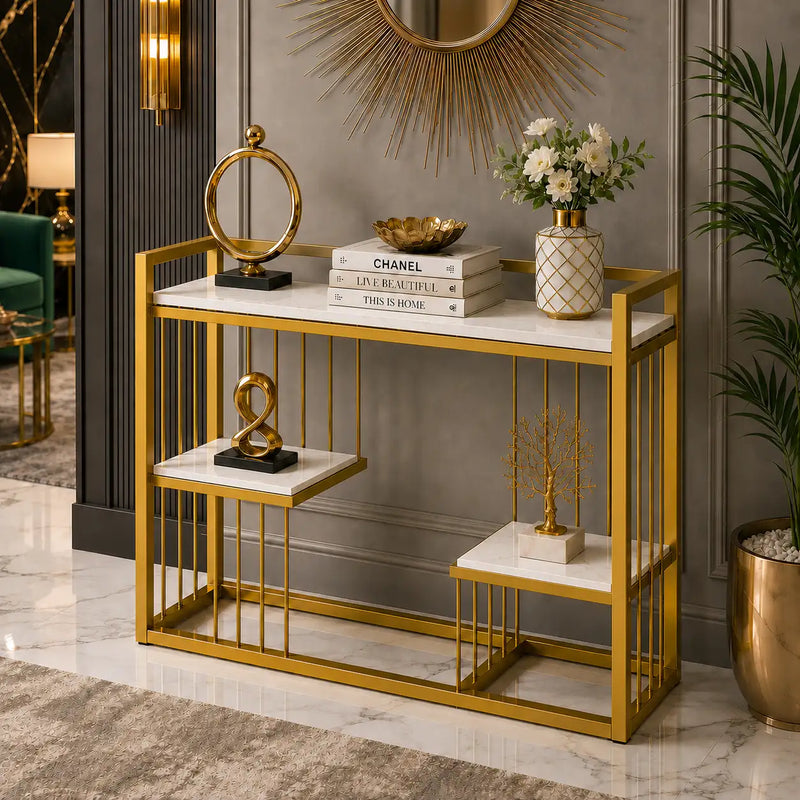 Designer 3-Tier White Faux Marble Golden Console Table