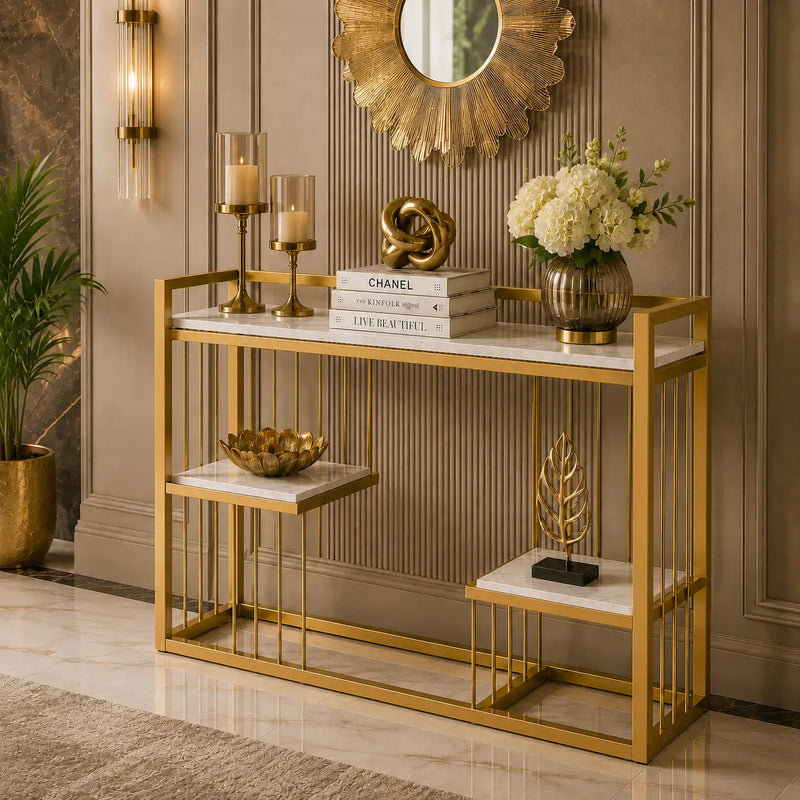 Designer 3-Tier White Faux Marble Golden Console Table