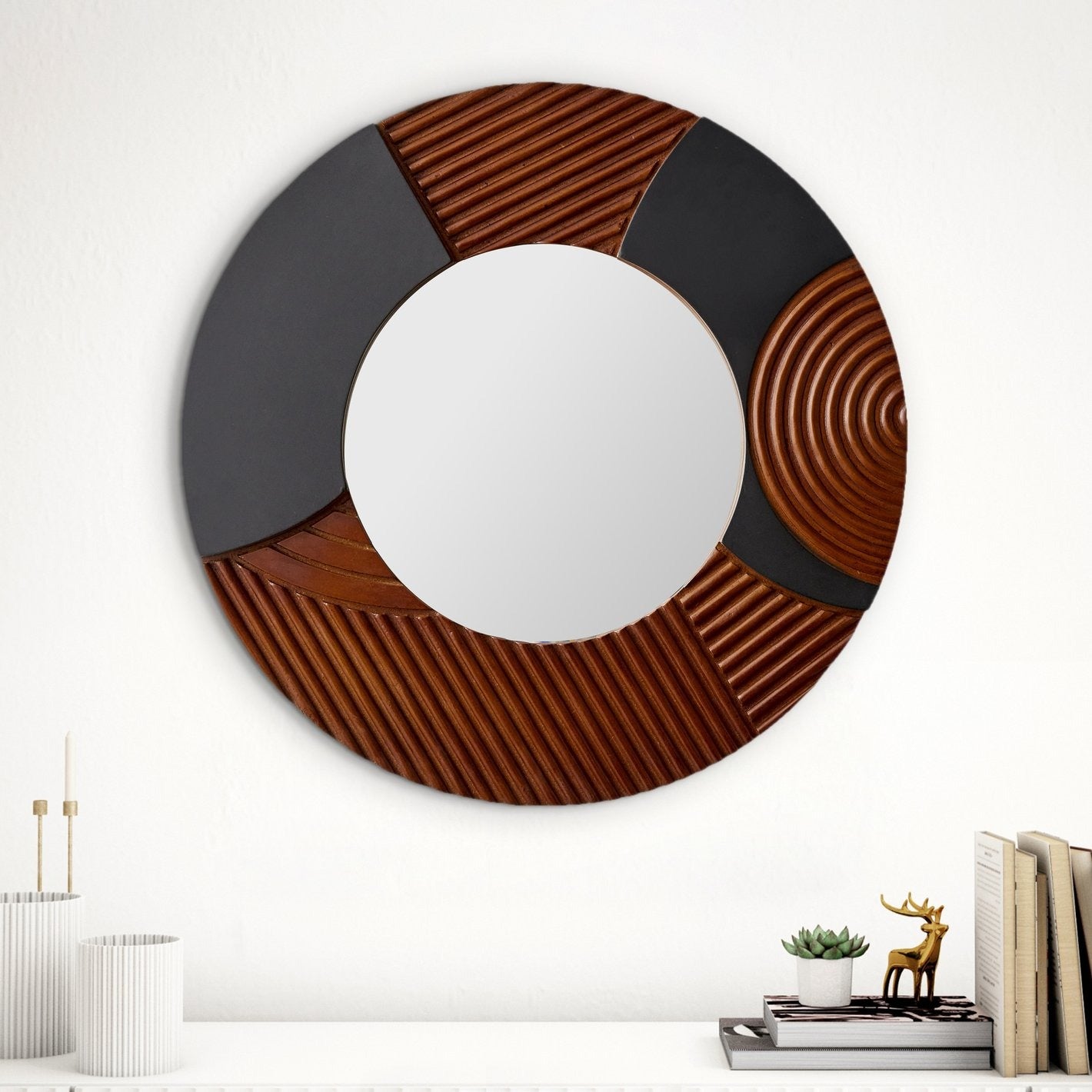Designer Accent Mirror with Carved Wood and Black Panels