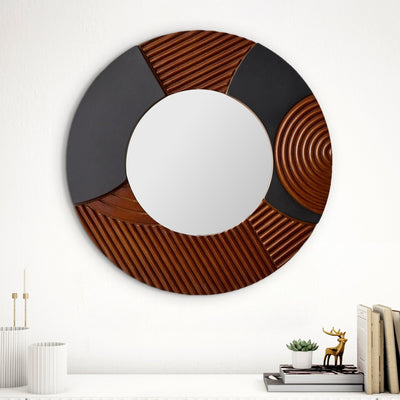 Designer Accent Mirror with Carved Wood and Black Panels